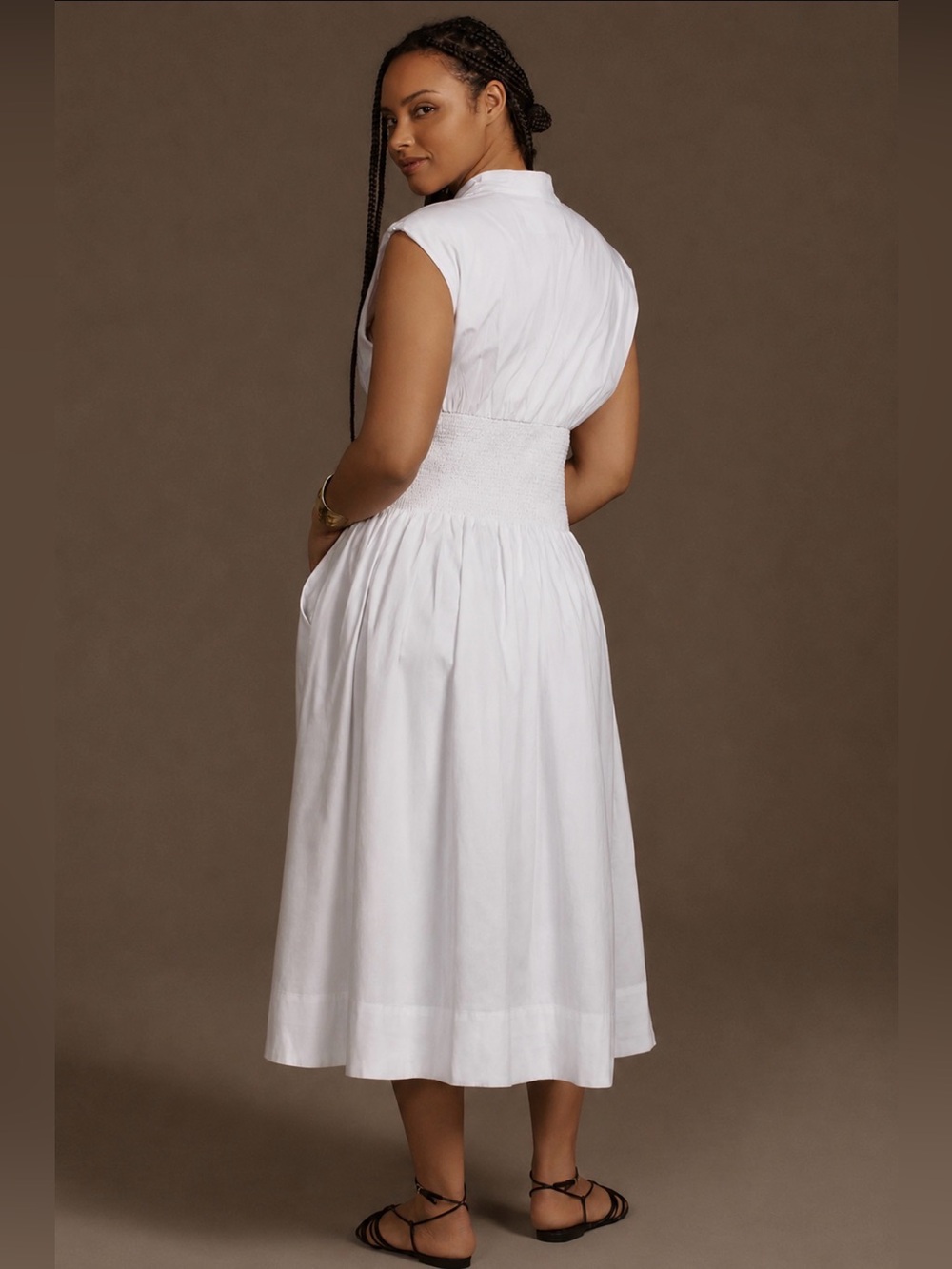 Anthropologie Tommie Cap Sleeve Smocked Zip Front Midi Shirt Dress White Size M - Picture 5 of 13